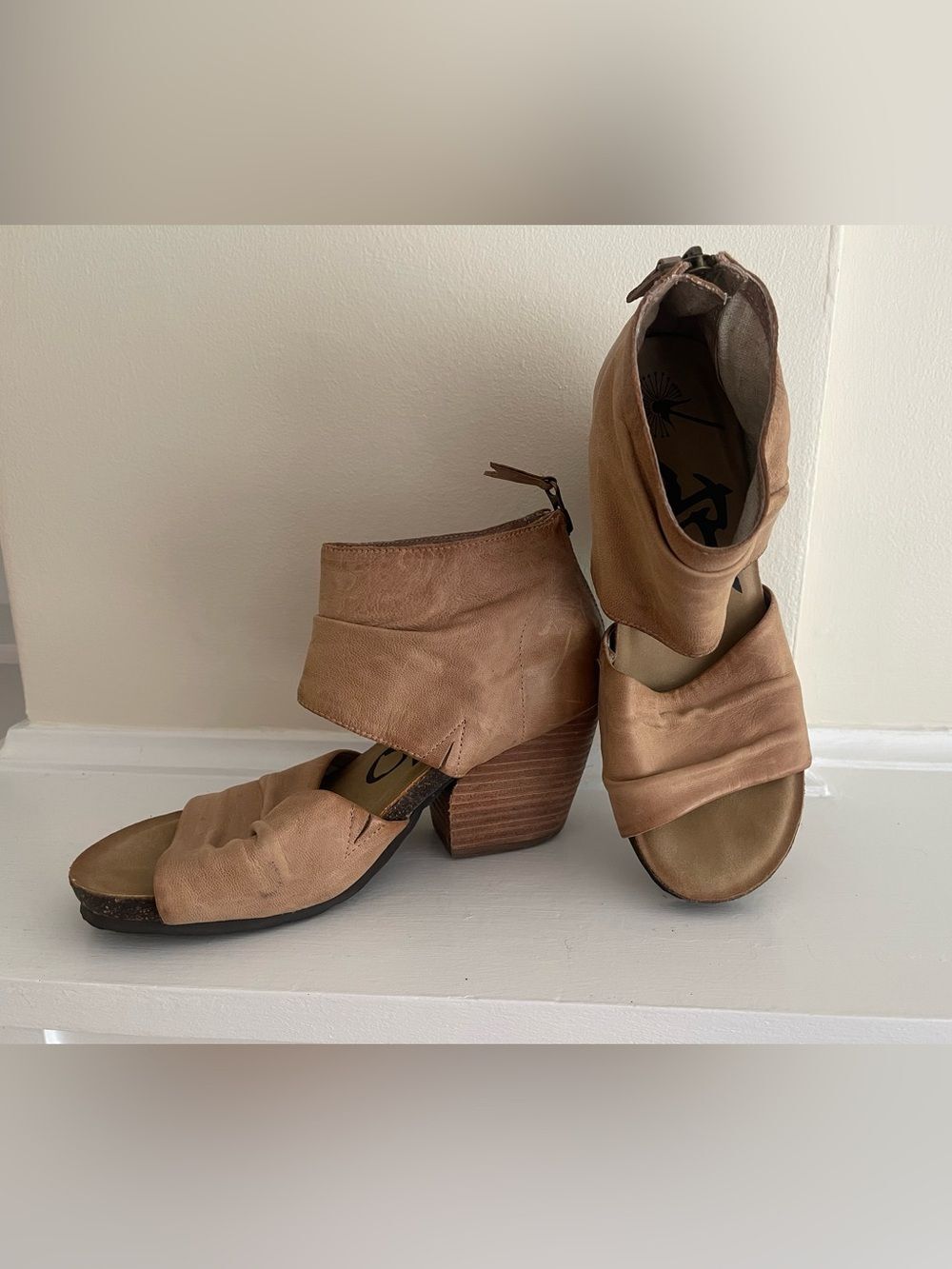 OTBT Tan Open-Toe Stacked Heel Ankle Booties